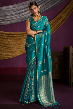 Pacific Blue Zari Woven Banarasi Satin Silk Saree