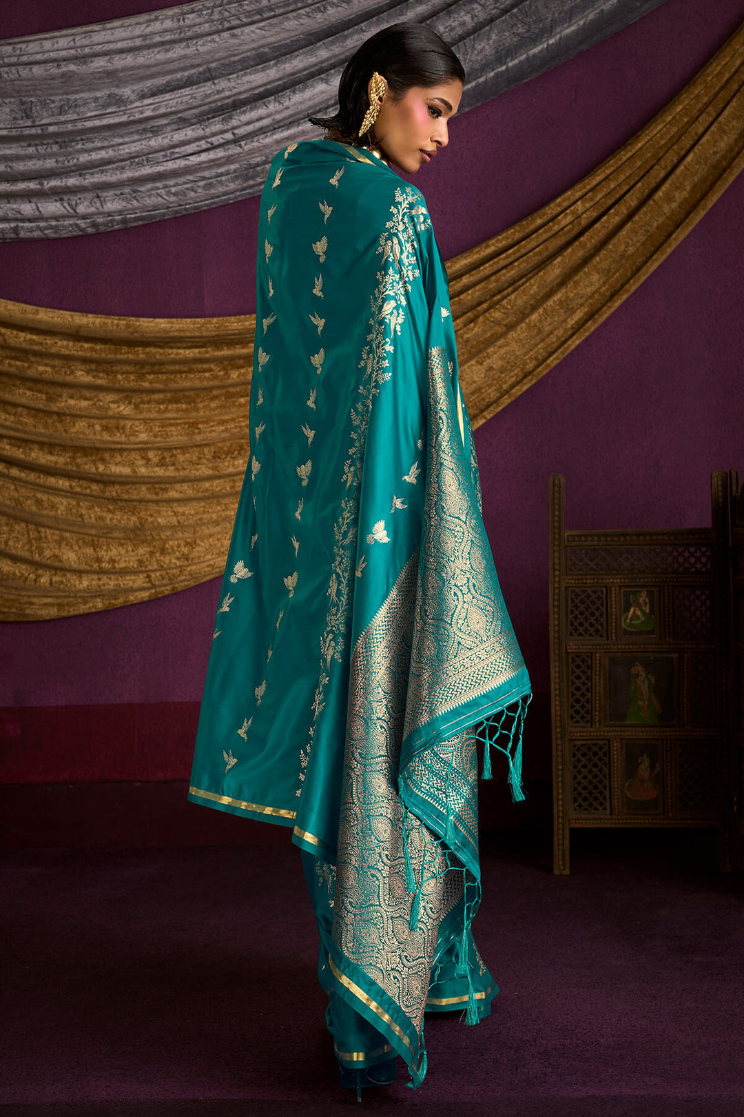 Pacific Blue Zari Woven Banarasi Satin Silk Saree