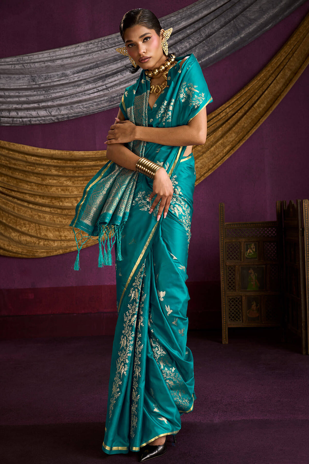Pacific Blue Zari Woven Banarasi Satin Silk Saree