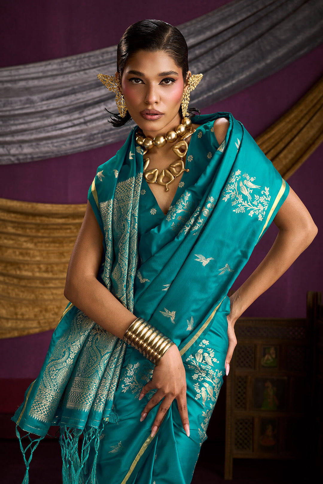Pacific Blue Zari Woven Banarasi Satin Silk Saree