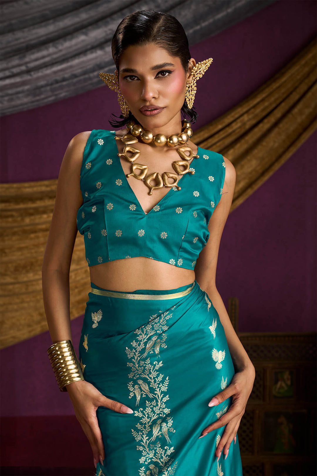 Pacific Blue Zari Woven Banarasi Satin Silk Saree