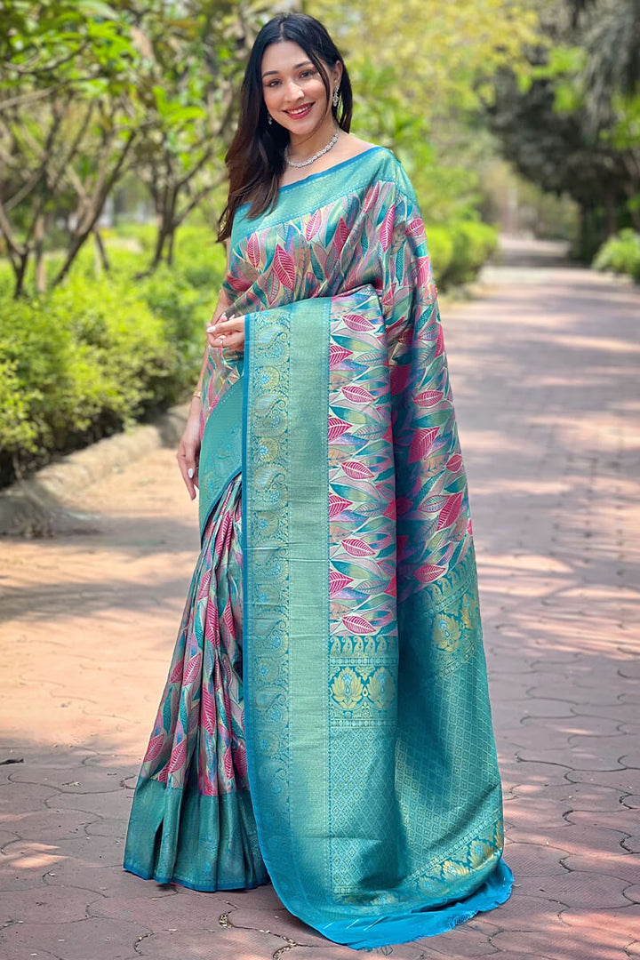 Pacific Blue Zari Woven Kanjivaram Silk Saree