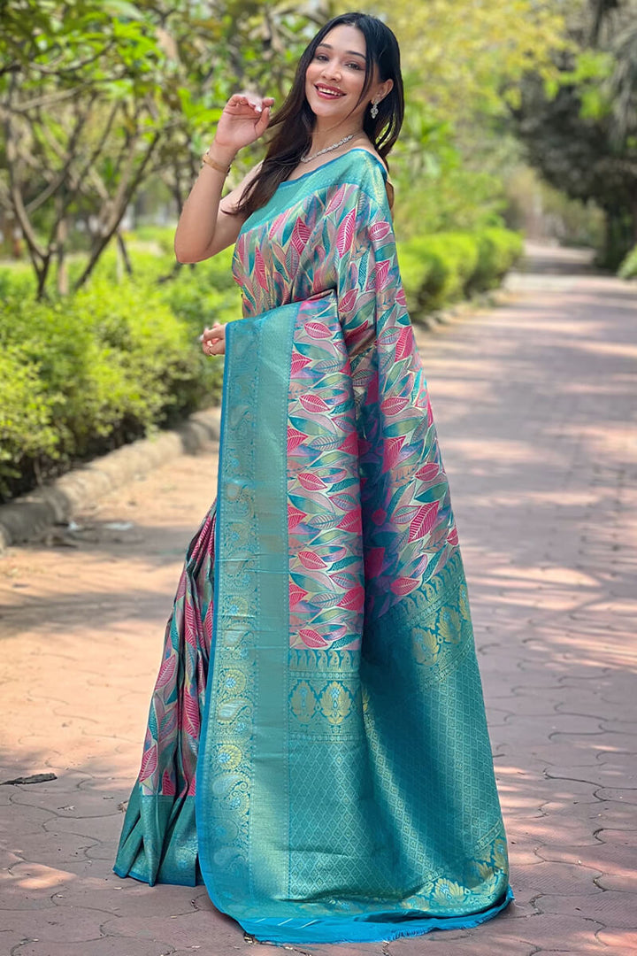 Pacific Blue Zari Woven Kanjivaram Silk Saree