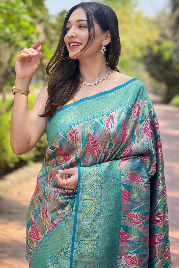 Pacific Blue Zari Woven Kanjivaram Silk Saree