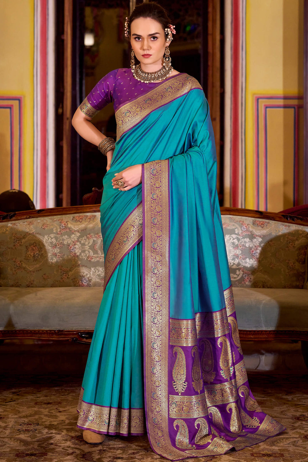Pacific Blue Zari Woven Soft Banarasi Silk Saree