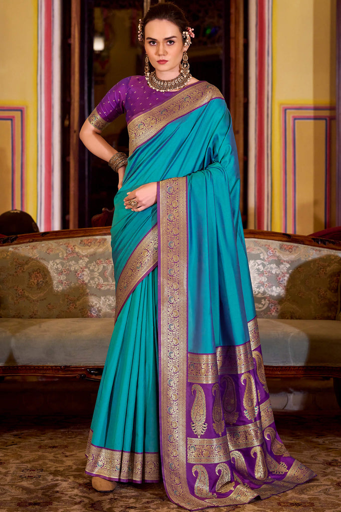Pacific Blue Zari Woven Soft Banarasi Silk Saree