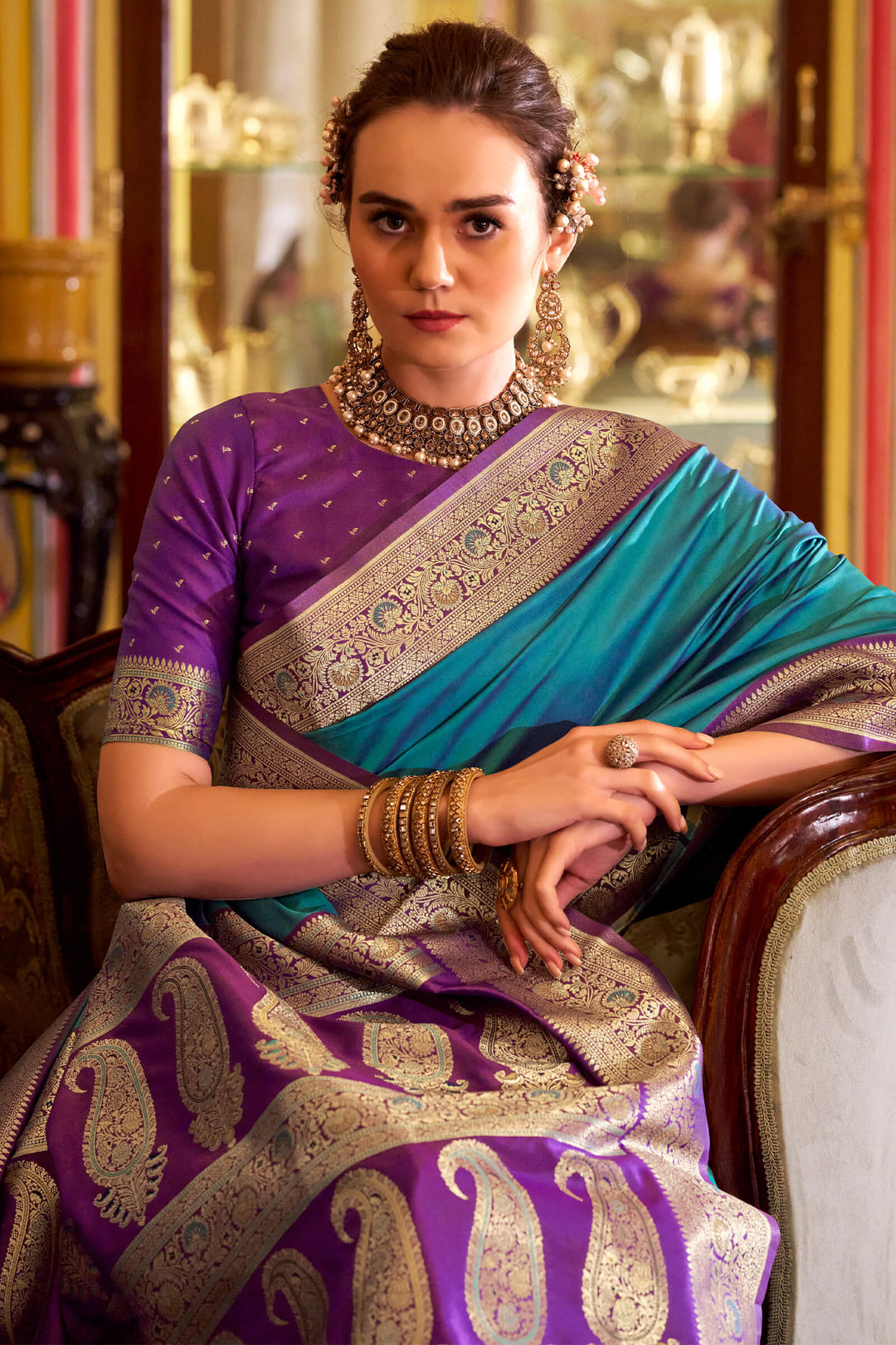 Pacific Blue Zari Woven Soft Banarasi Silk Saree