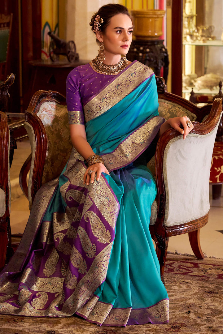 Pacific Blue Zari Woven Soft Banarasi Silk Saree