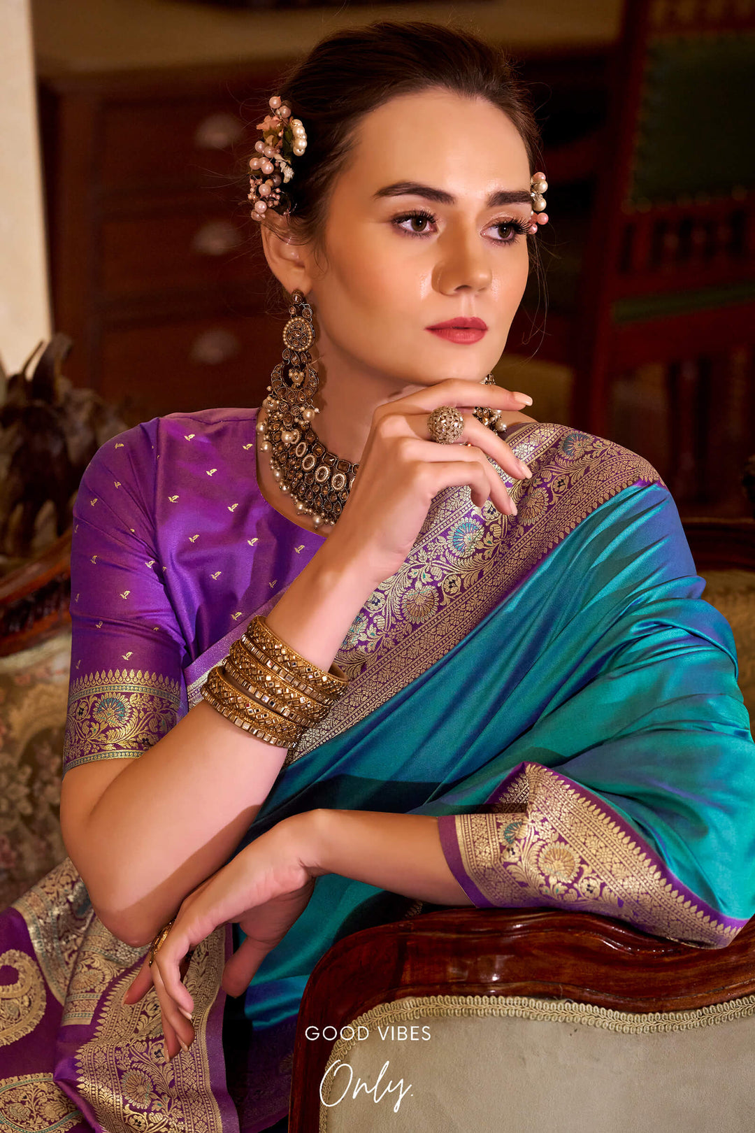 Pacific Blue Zari Woven Soft Banarasi Silk Saree