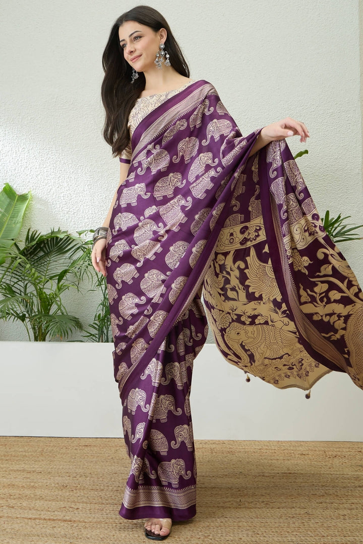 Palatinate Purple Ajrakh Printed Satin Silk Saree