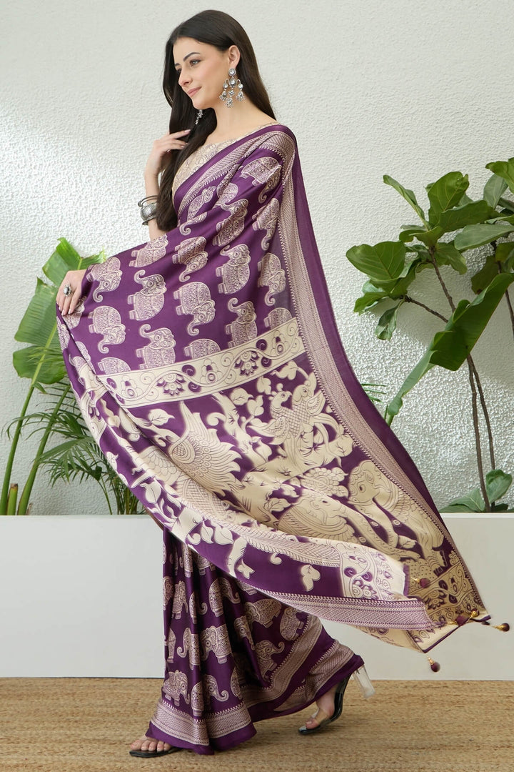 Palatinate Purple Ajrakh Printed Satin Silk Saree