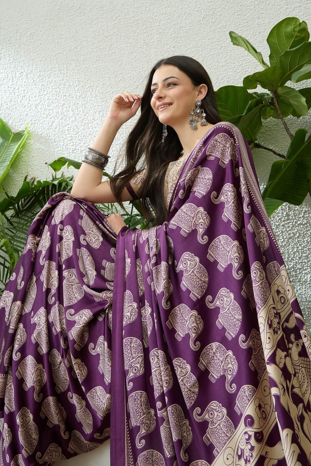 Palatinate Purple Ajrakh Printed Satin Silk Saree
