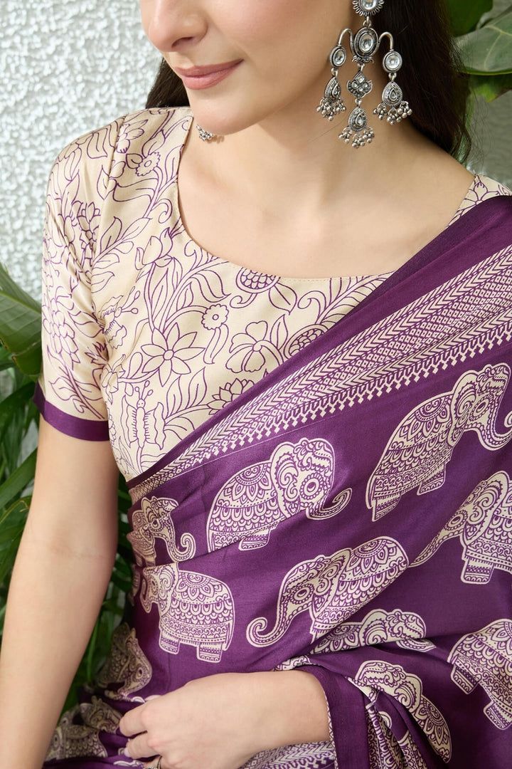 Palatinate Purple Ajrakh Printed Satin Silk Saree