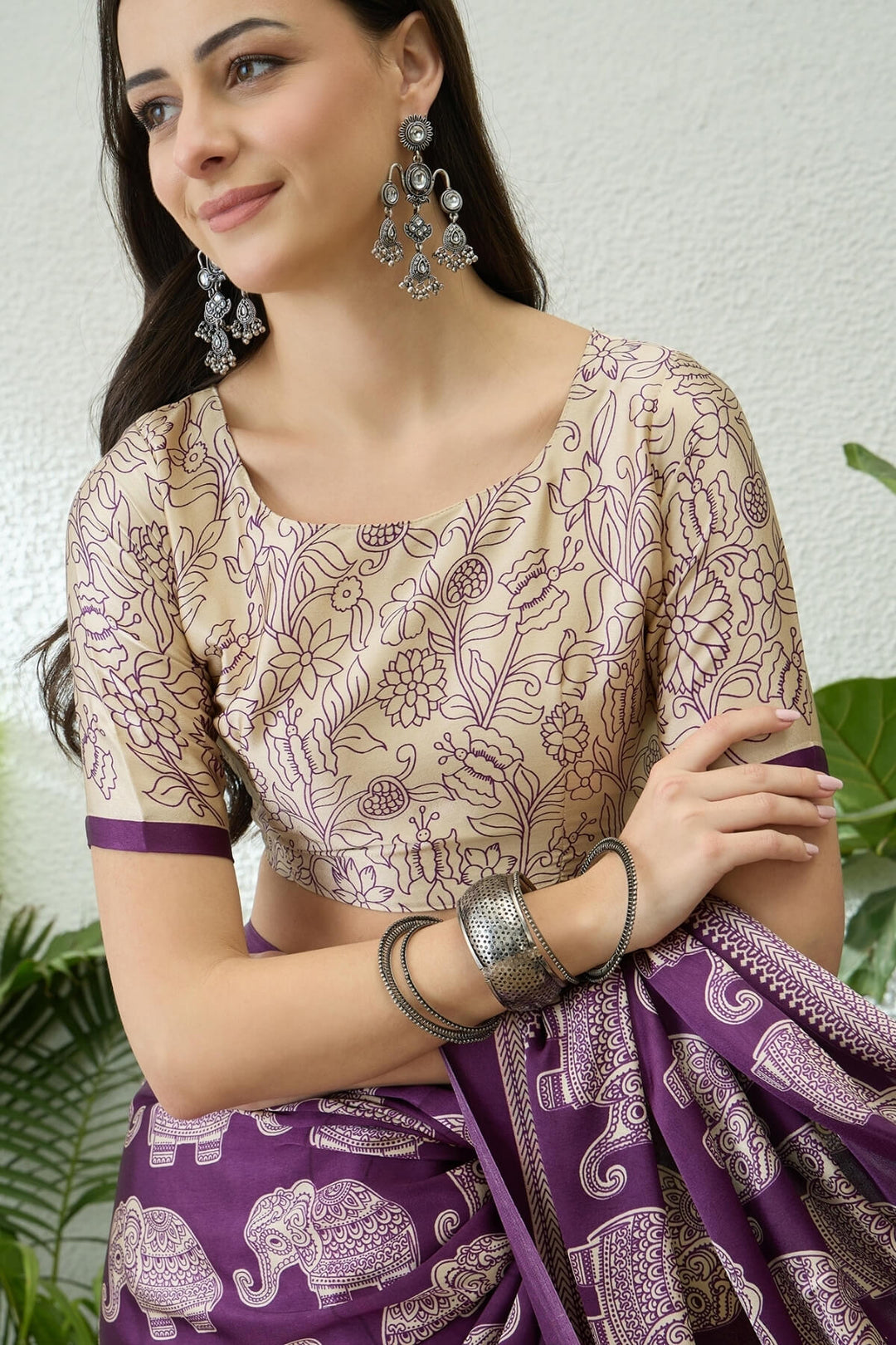 Palatinate Purple Ajrakh Printed Satin Silk Saree