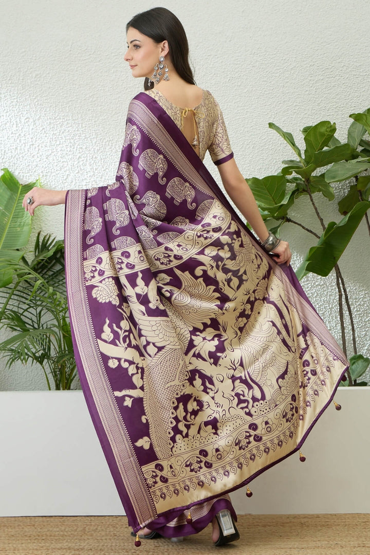 Palatinate Purple Ajrakh Printed Satin Silk Saree