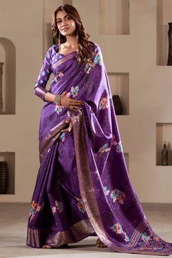 Palatinate Purple Foil Printed Dola Silk Saree