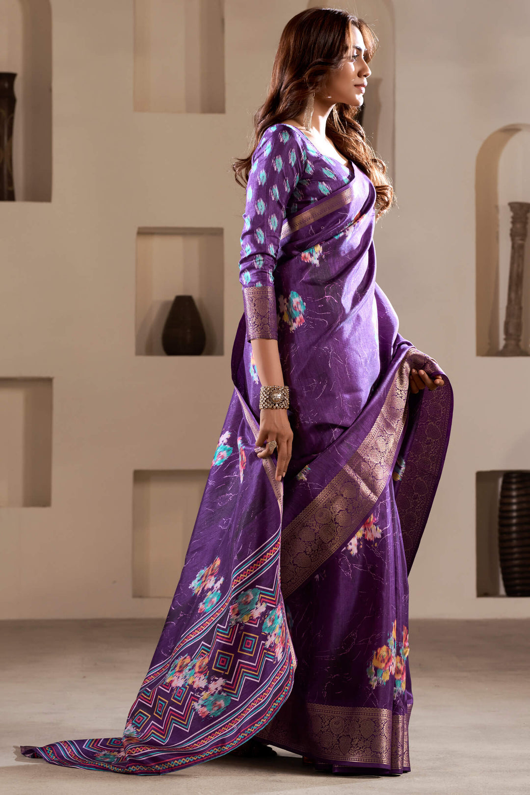 Palatinate Purple Foil Printed Dola Silk Saree
