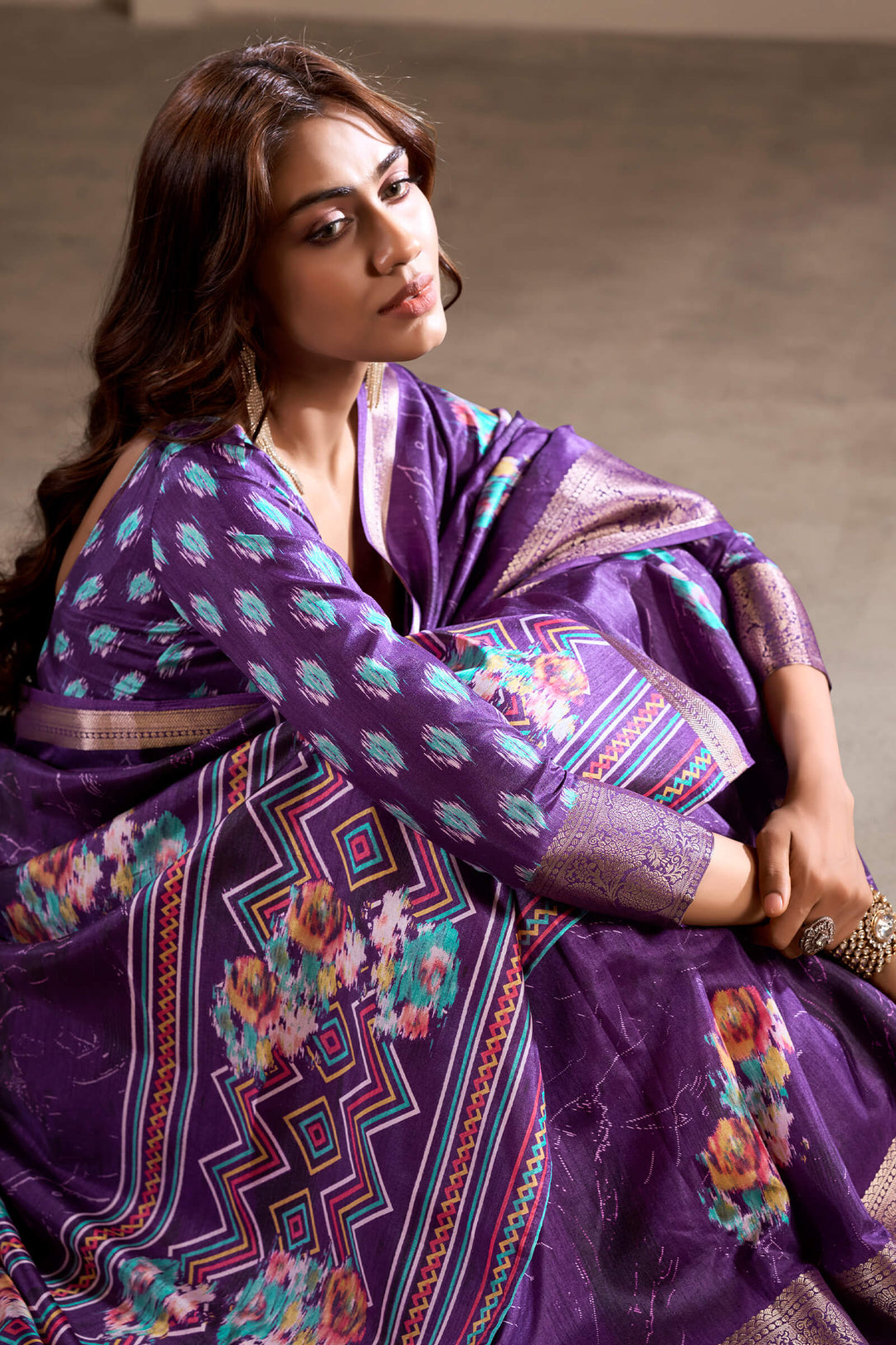Palatinate Purple Foil Printed Dola Silk Saree