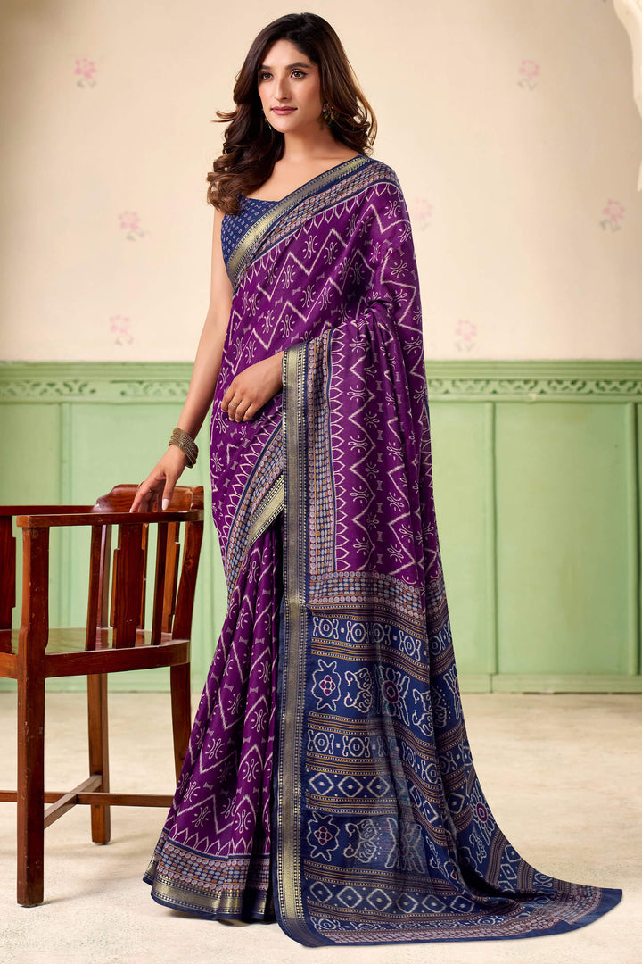 Palatinate Purple Printed Mul cotton Silk Saree
