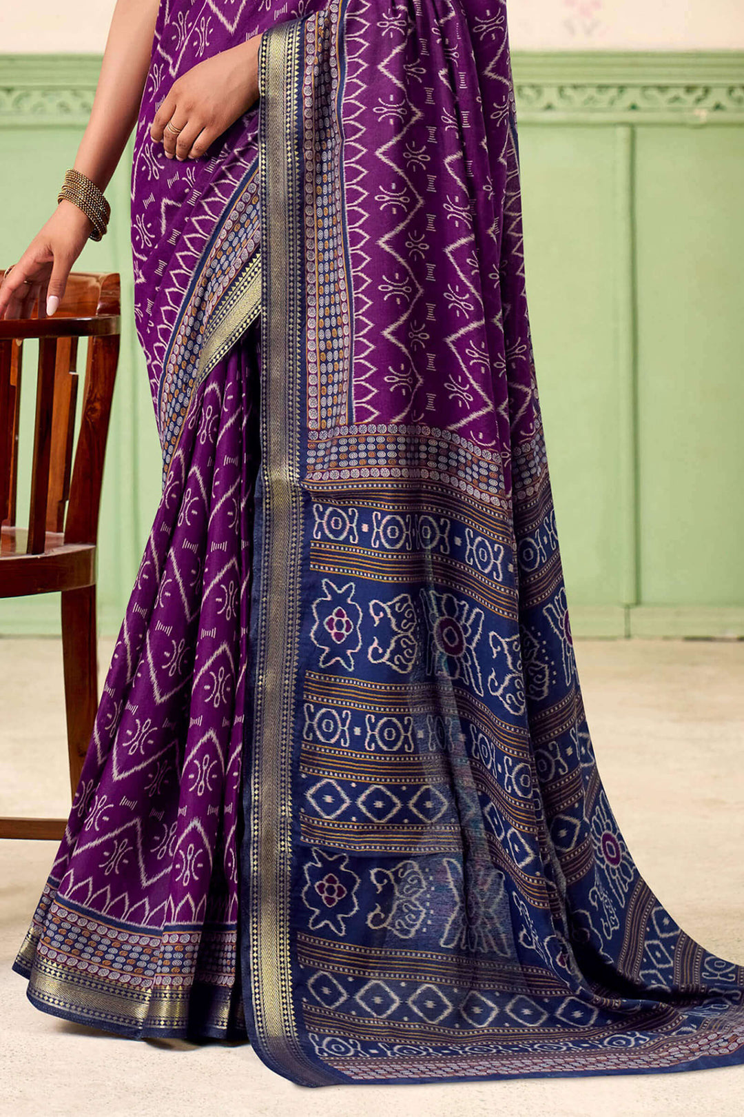 Palatinate Purple Printed Mul cotton Silk Saree