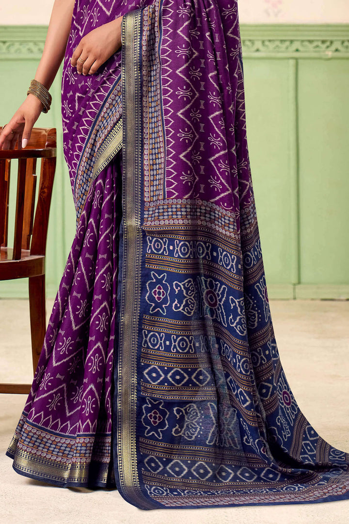 Palatinate Purple Printed Mul cotton Silk Saree