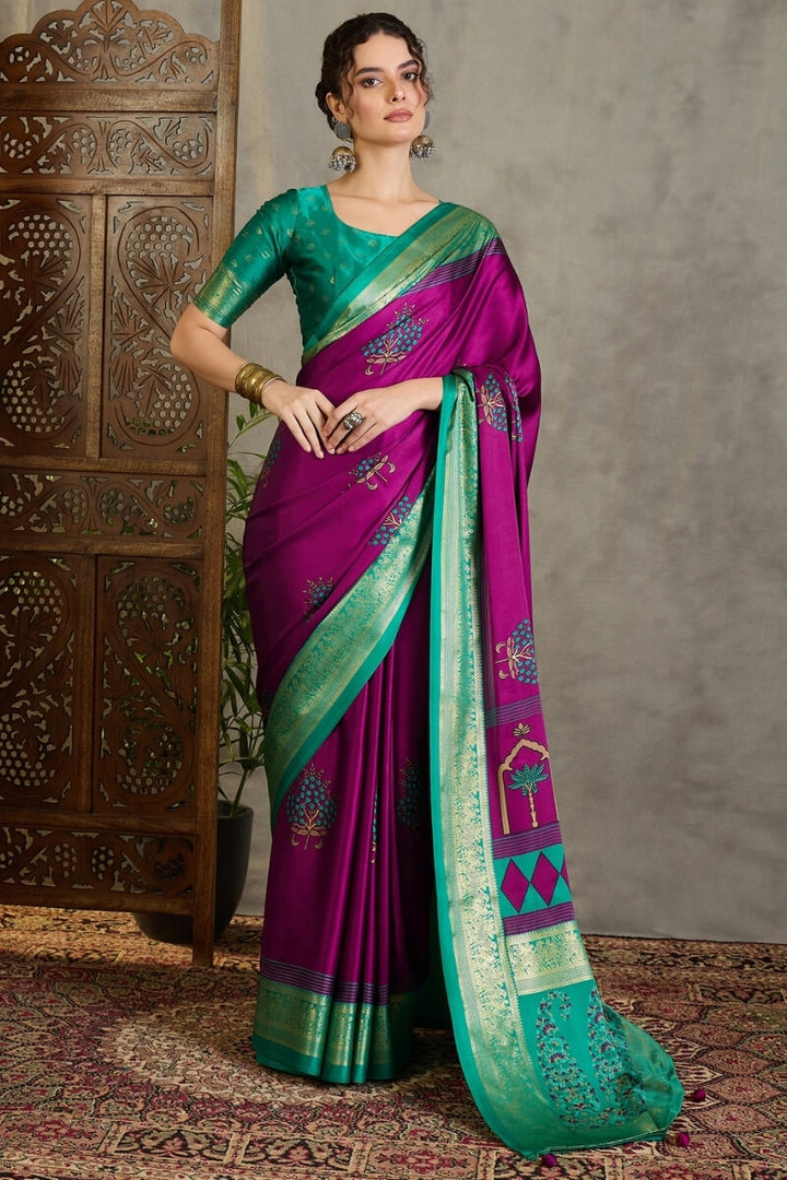 Palatinate Purple Printed Satin Silk Saree with Zari woven Border and Pallu