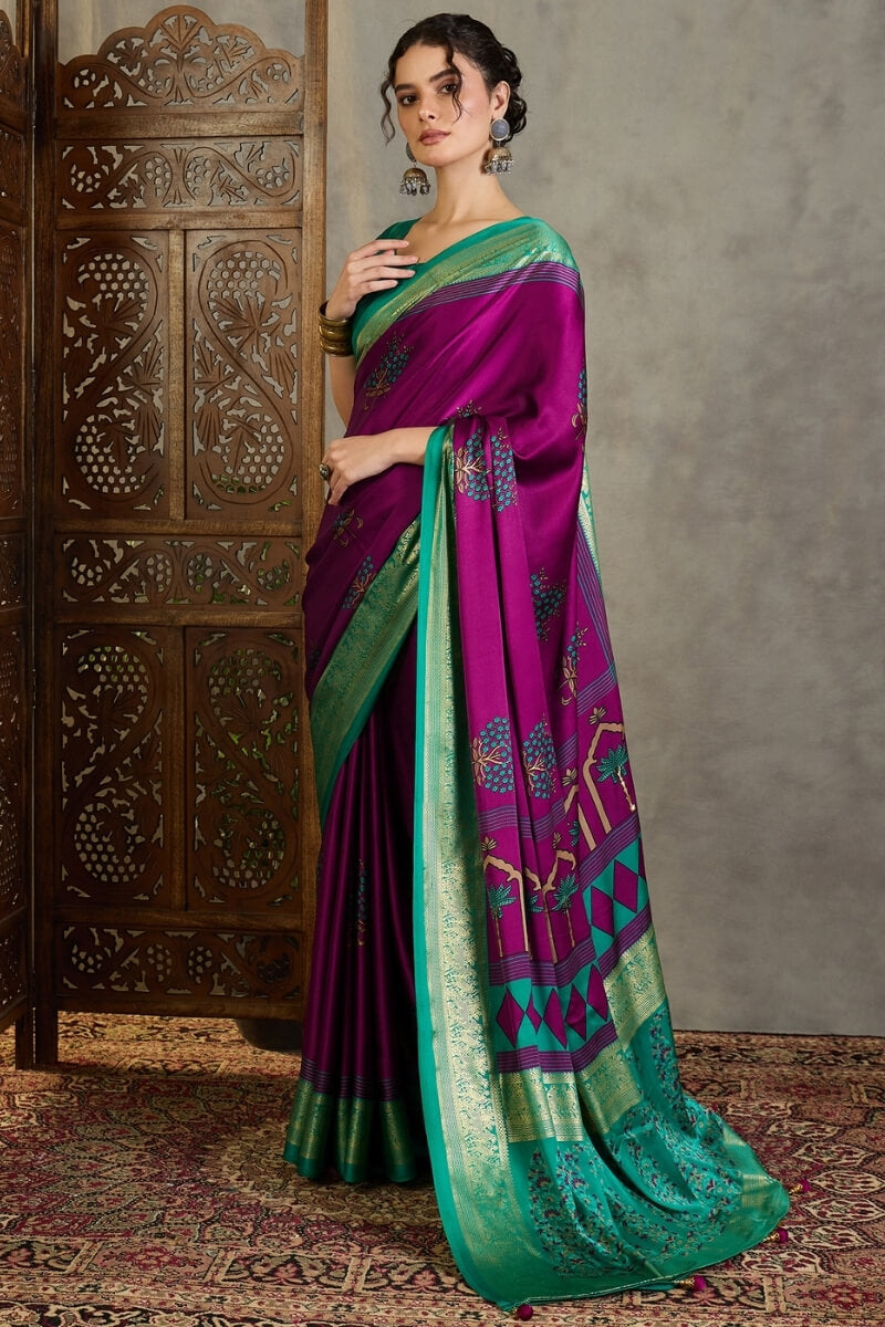 Palatinate Purple Printed Satin Silk Saree with Zari woven Border and Pallu