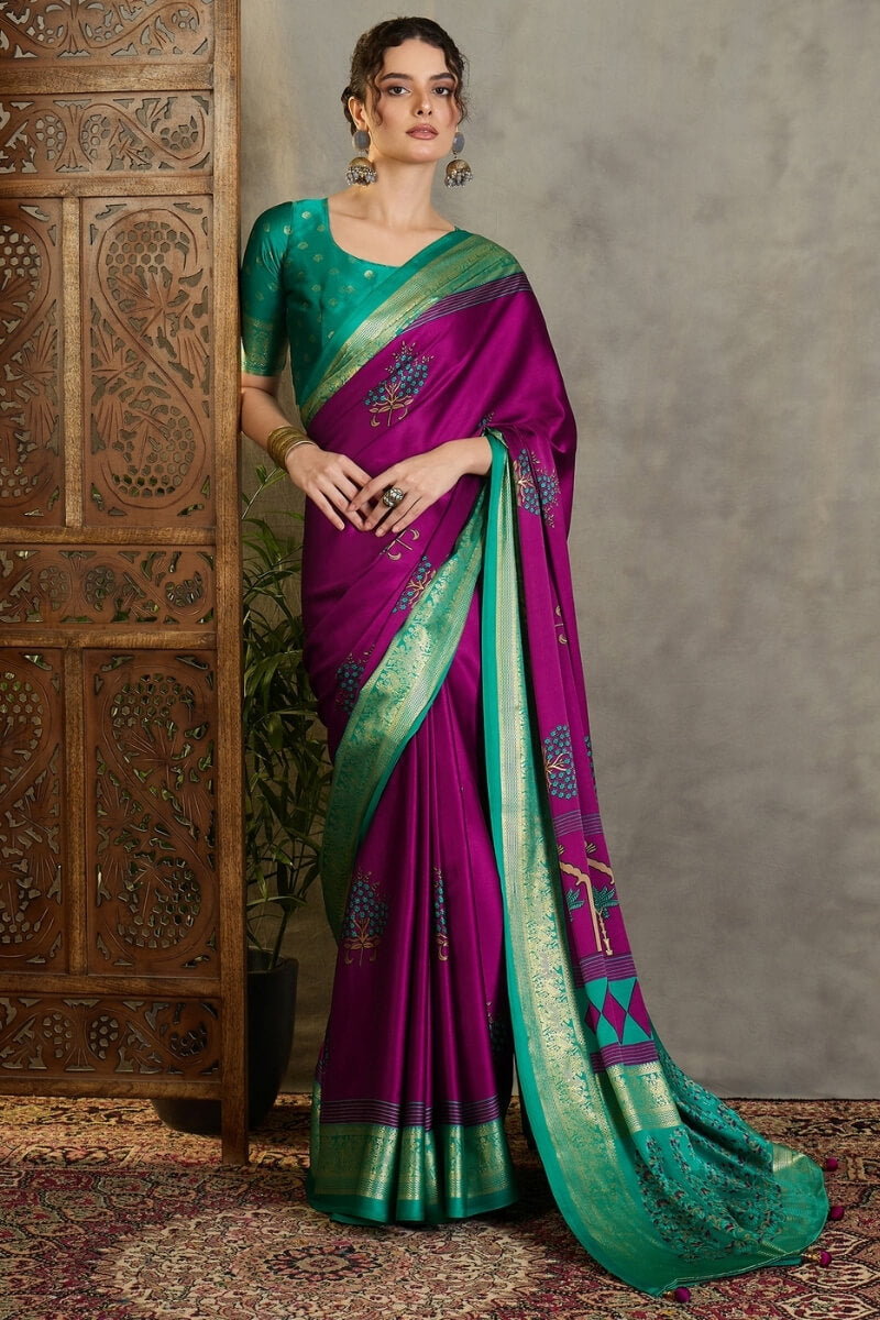 Palatinate Purple Printed Satin Silk Saree with Zari woven Border and Pallu