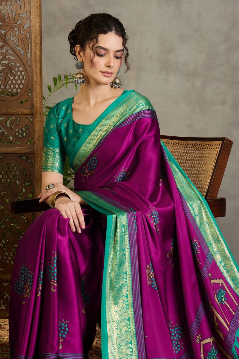 Palatinate Purple Printed Satin Silk Saree with Zari woven Border and Pallu