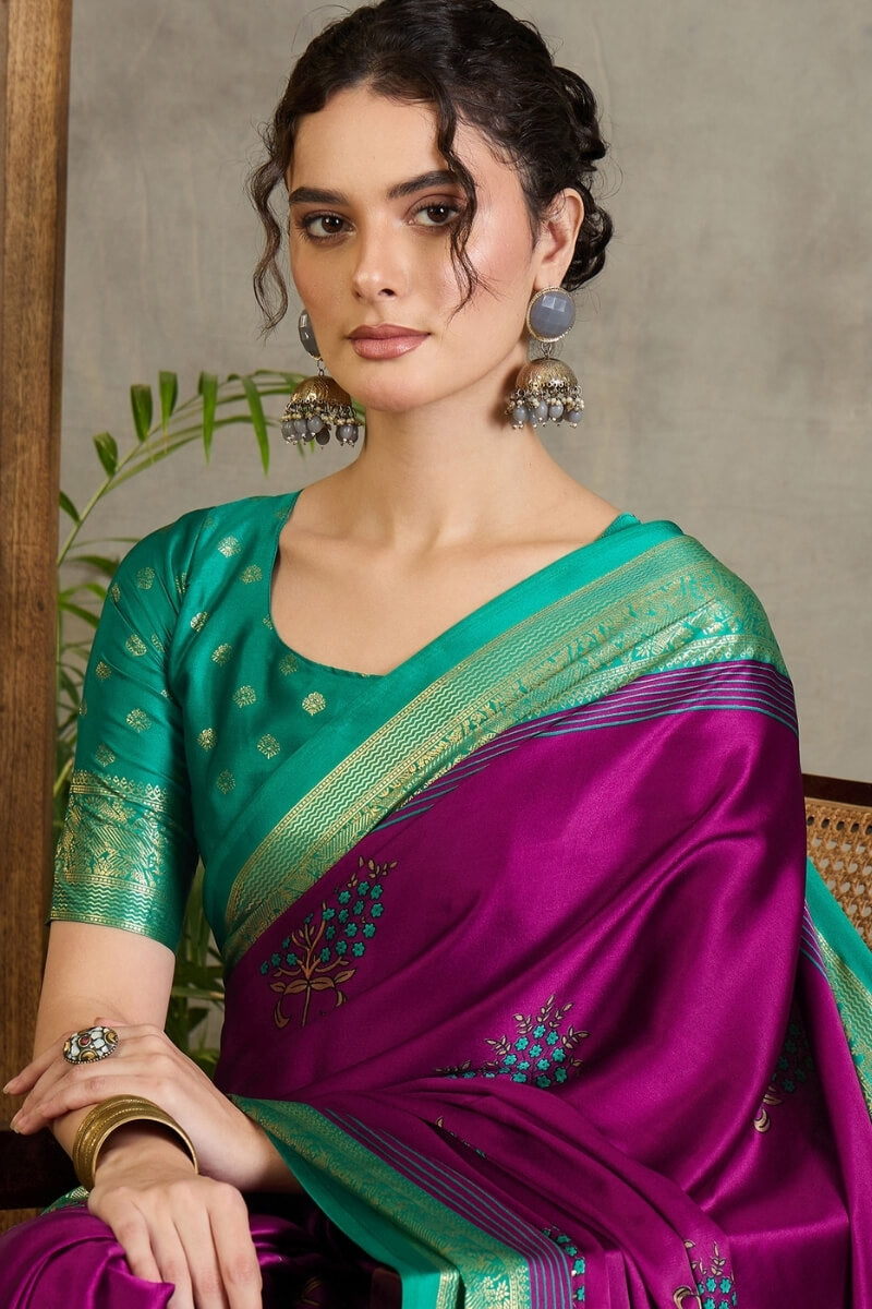 Palatinate Purple Printed Satin Silk Saree with Zari woven Border and Pallu