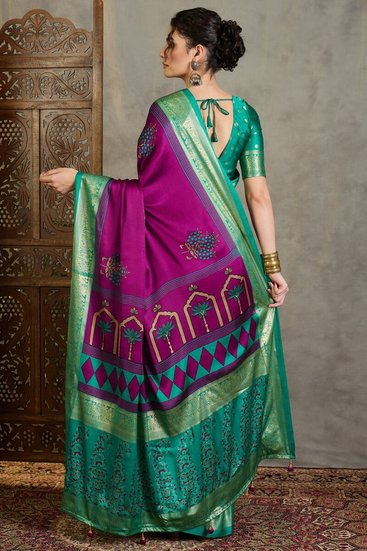 Palatinate Purple Printed Satin Silk Saree with Zari woven Border and Pallu