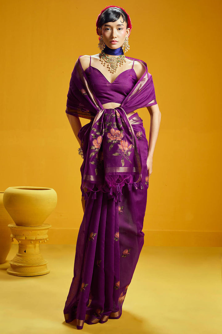 Palatinate Purple Pure Munga Cotton Silk Saree