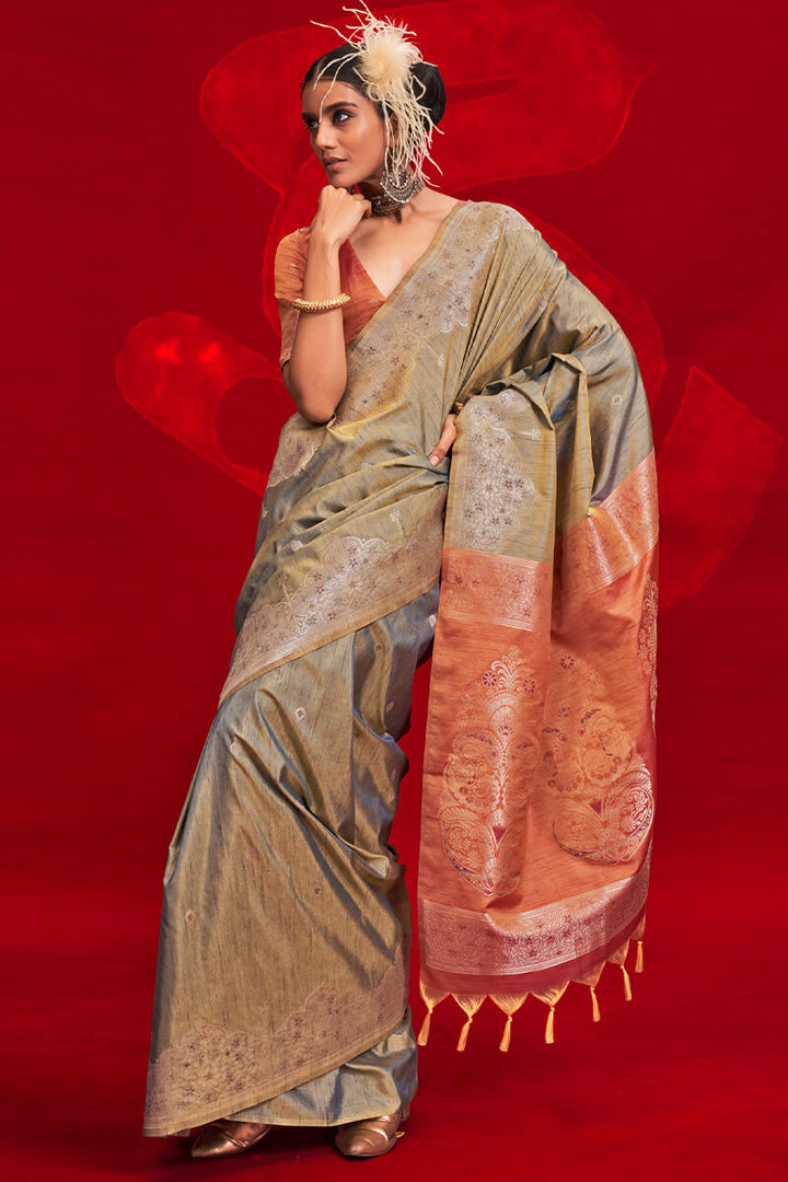 Pale Brown Banarasi Tussar Silk Saree