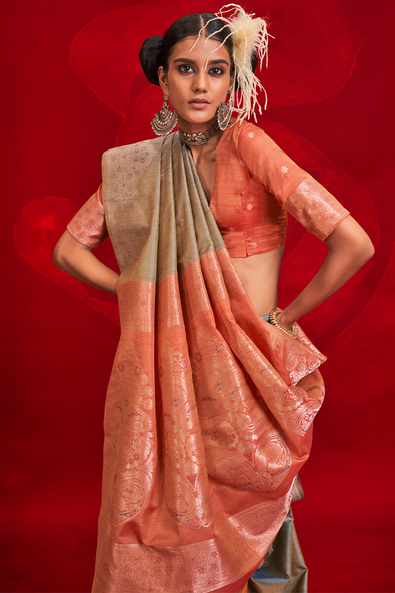 Pale Brown Banarasi Tussar Silk Saree