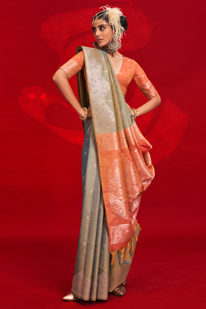 Pale Brown Banarasi Tussar Silk Saree