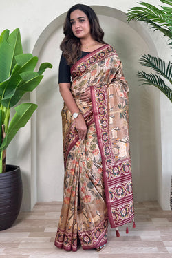 Pale Brown Digital Printed Pure Viscose Dola Silk Saree