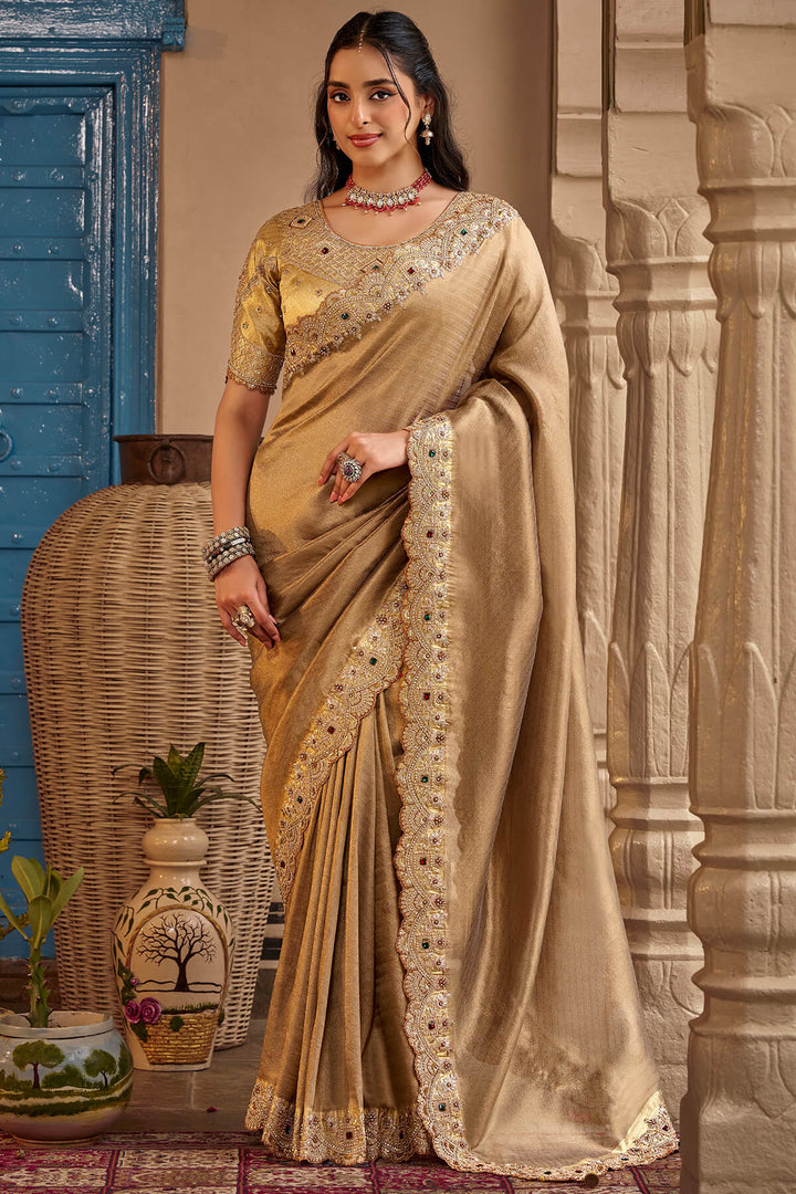Pale Brown Hand Work Viscose Saree with Stiched Blouse