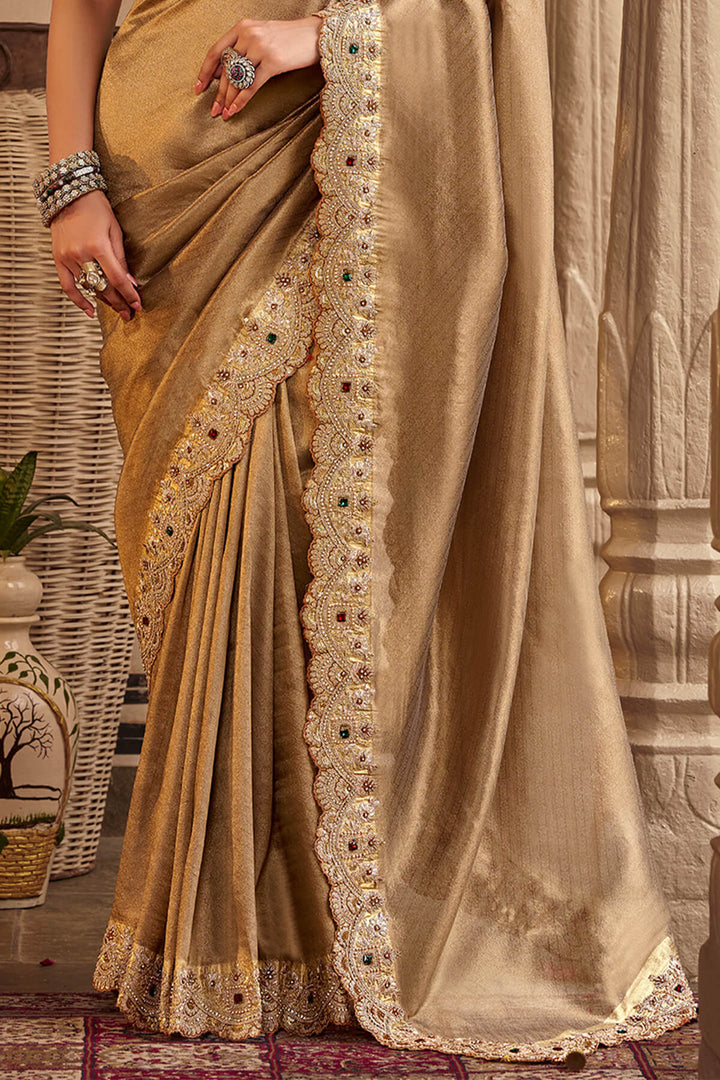 Pale Brown Hand Work Viscose Saree with Stiched Blouse