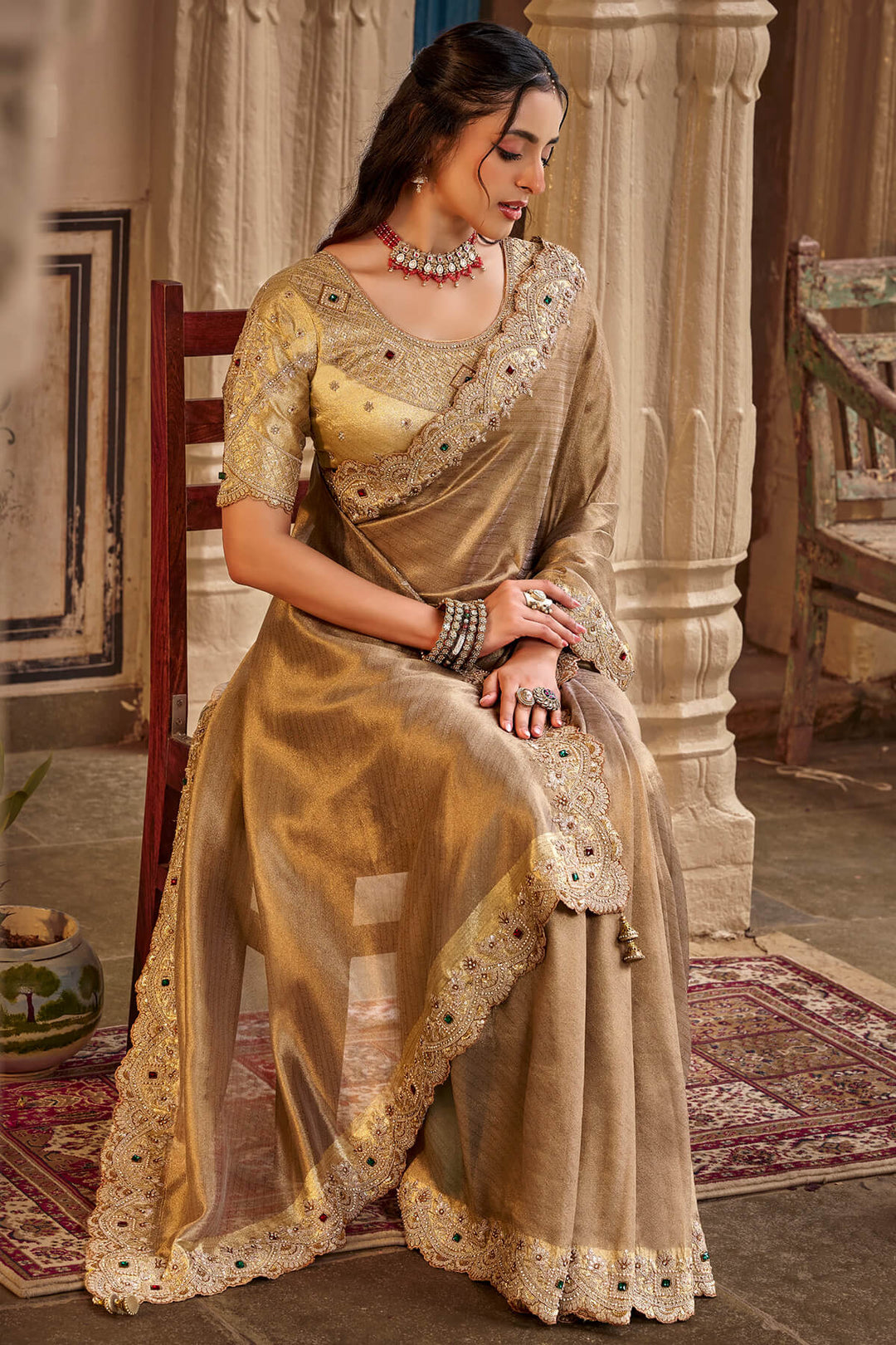 Pale Brown Hand Work Viscose Saree with Stiched Blouse