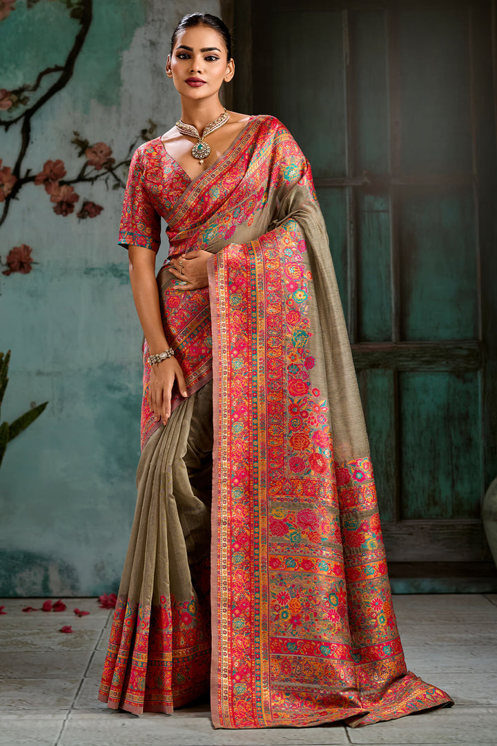 Pale Brown Pashmina Silk Saree