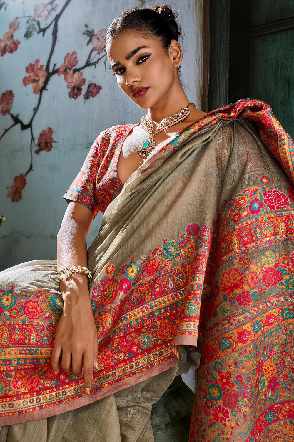 Pale Brown Pashmina Silk Saree