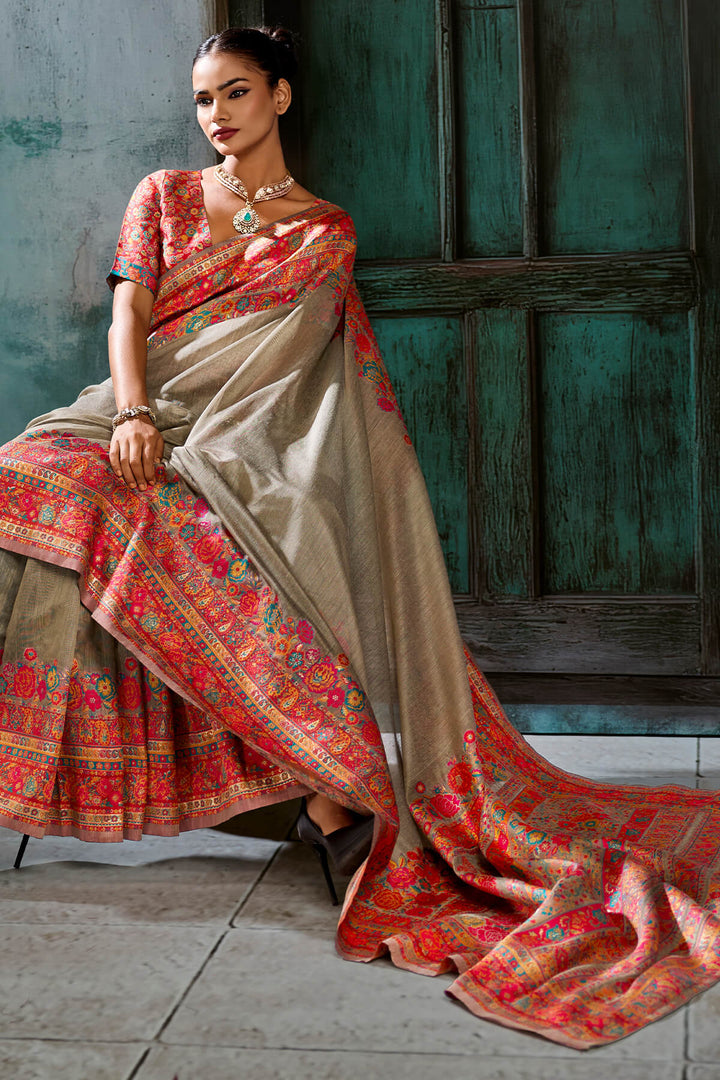 Pale Brown Pashmina Silk Saree