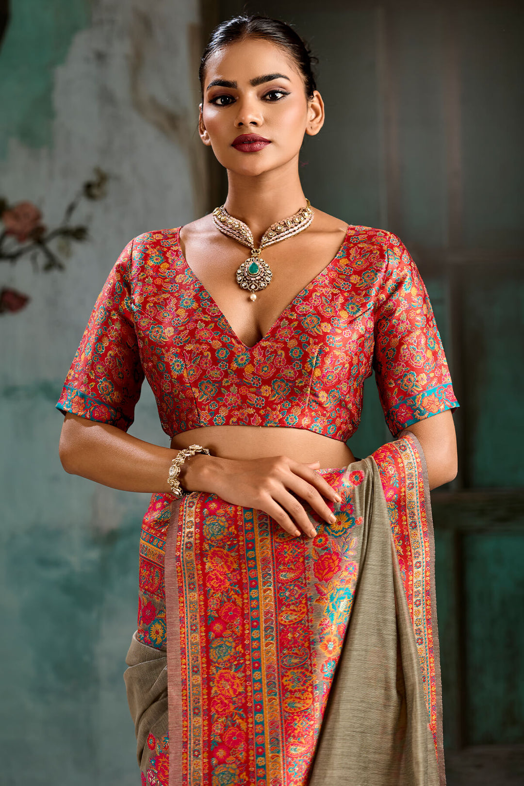 Pale Brown Pashmina Silk Saree