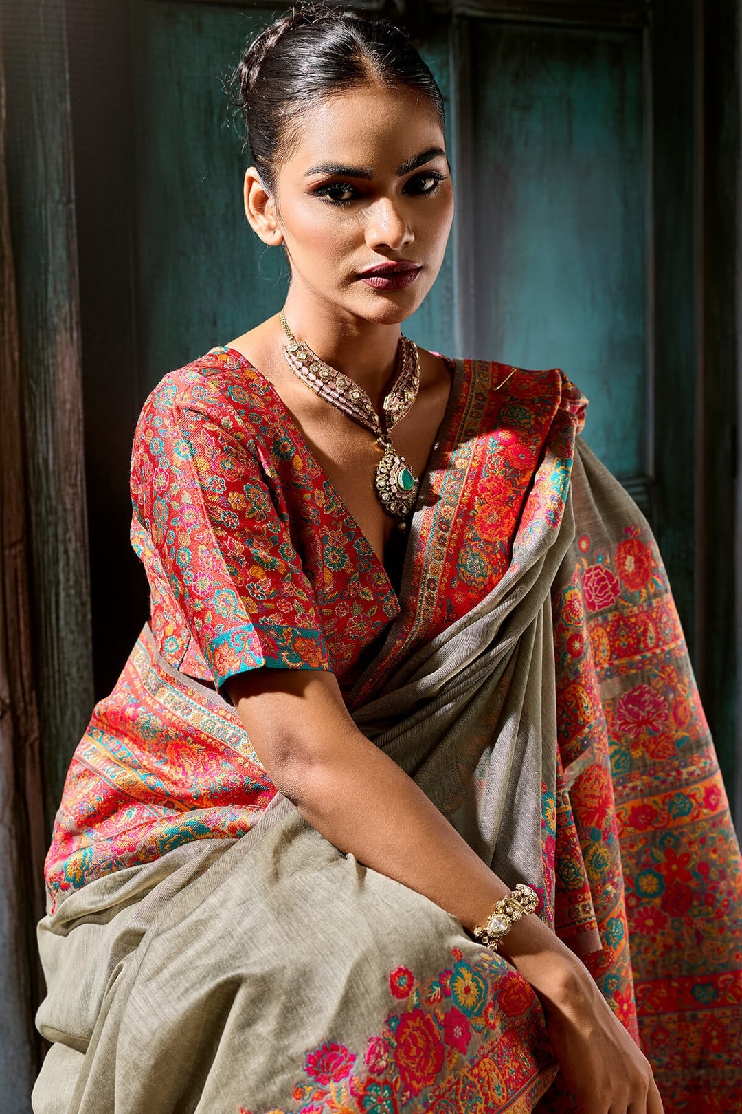 Pale Brown Pashmina Silk Saree
