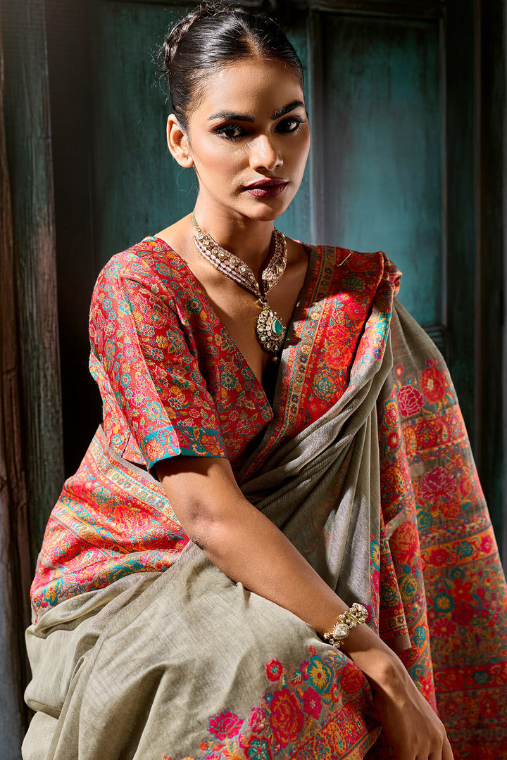 Pale Brown Pashmina Silk Saree