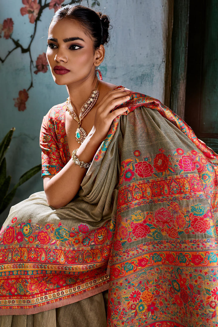 Pale Brown Pashmina Silk Saree
