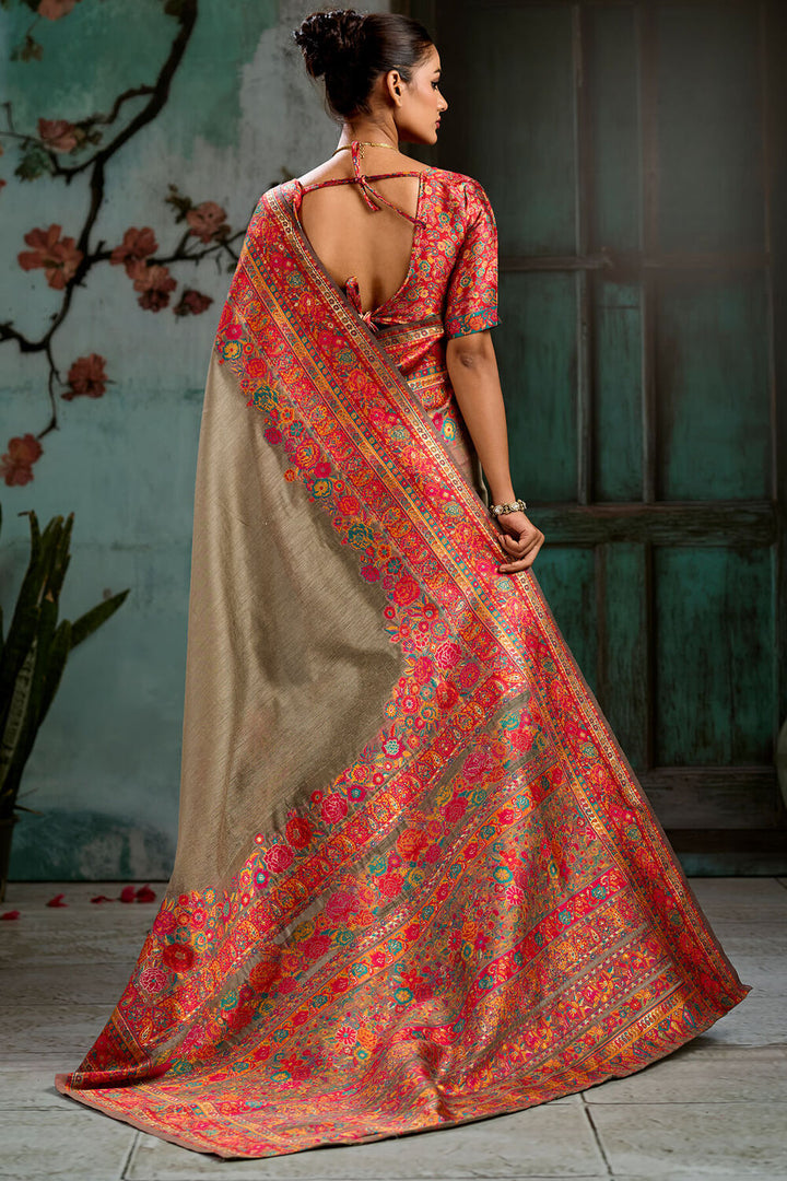 Pale Brown Pashmina Silk Saree