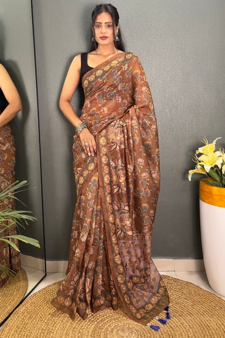 Pale Brown Printed Chanderi Silk Saree