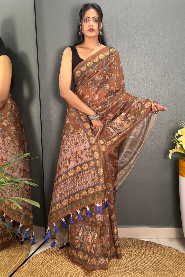 Pale Brown Printed Chanderi Silk Saree