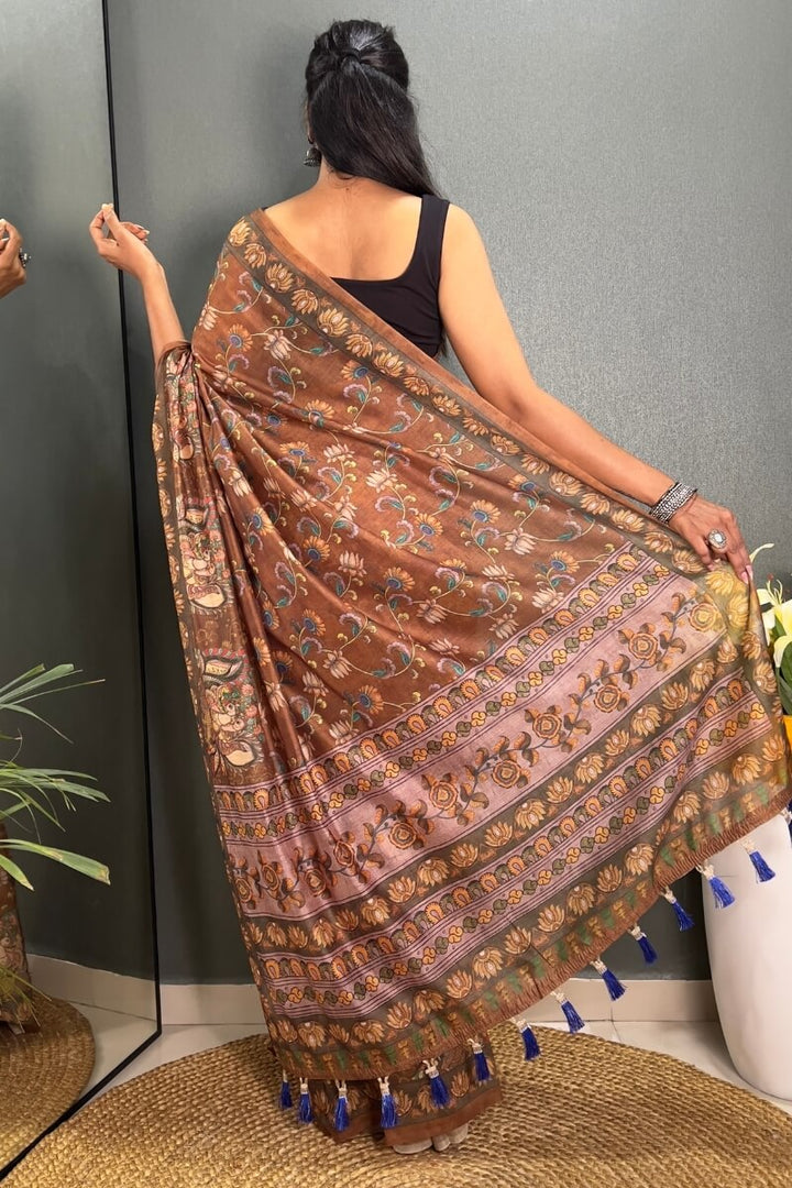 Pale Brown Printed Chanderi Silk Saree